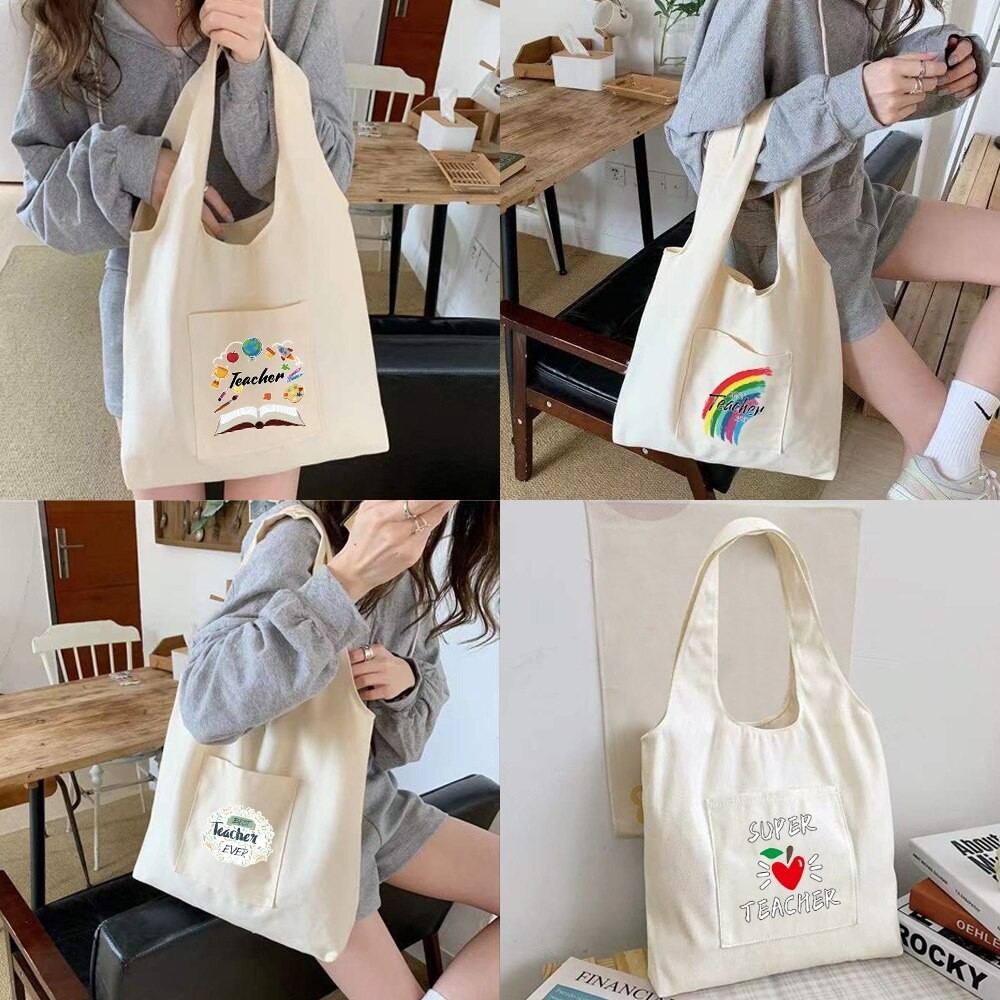 Teacher Series Print Vest Bag Reusable Canvas Shopping Bag Women Casual Tote Bags Cosmetic Bag Shopp