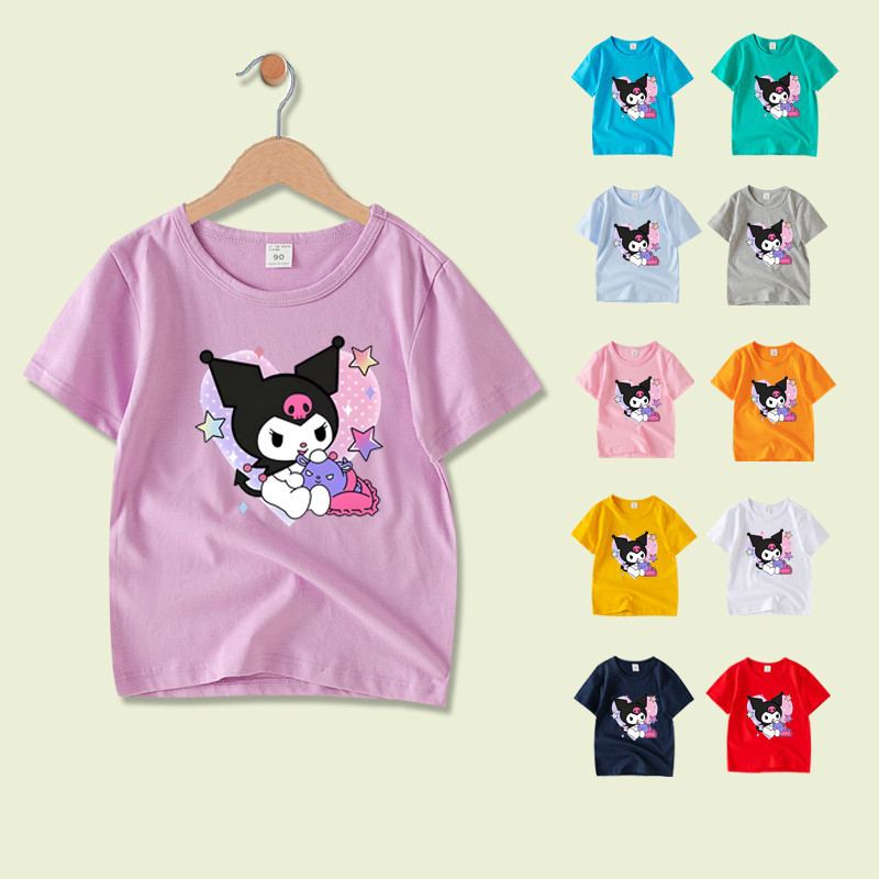 เสื้อยืดเด็ก เสื้อผ้าเด็กผู้หญิง Kuromi การ์ตูนพิมพ์ ผ้าฝ้าย 100% 8 สี แขนสั้น ชุดเด็ก NE038
