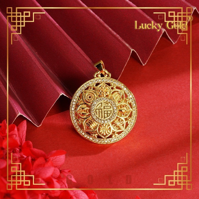 [Lucky Gold]Compass Fu Character No Color Fading Female Elegance Retro Lotus Necklace