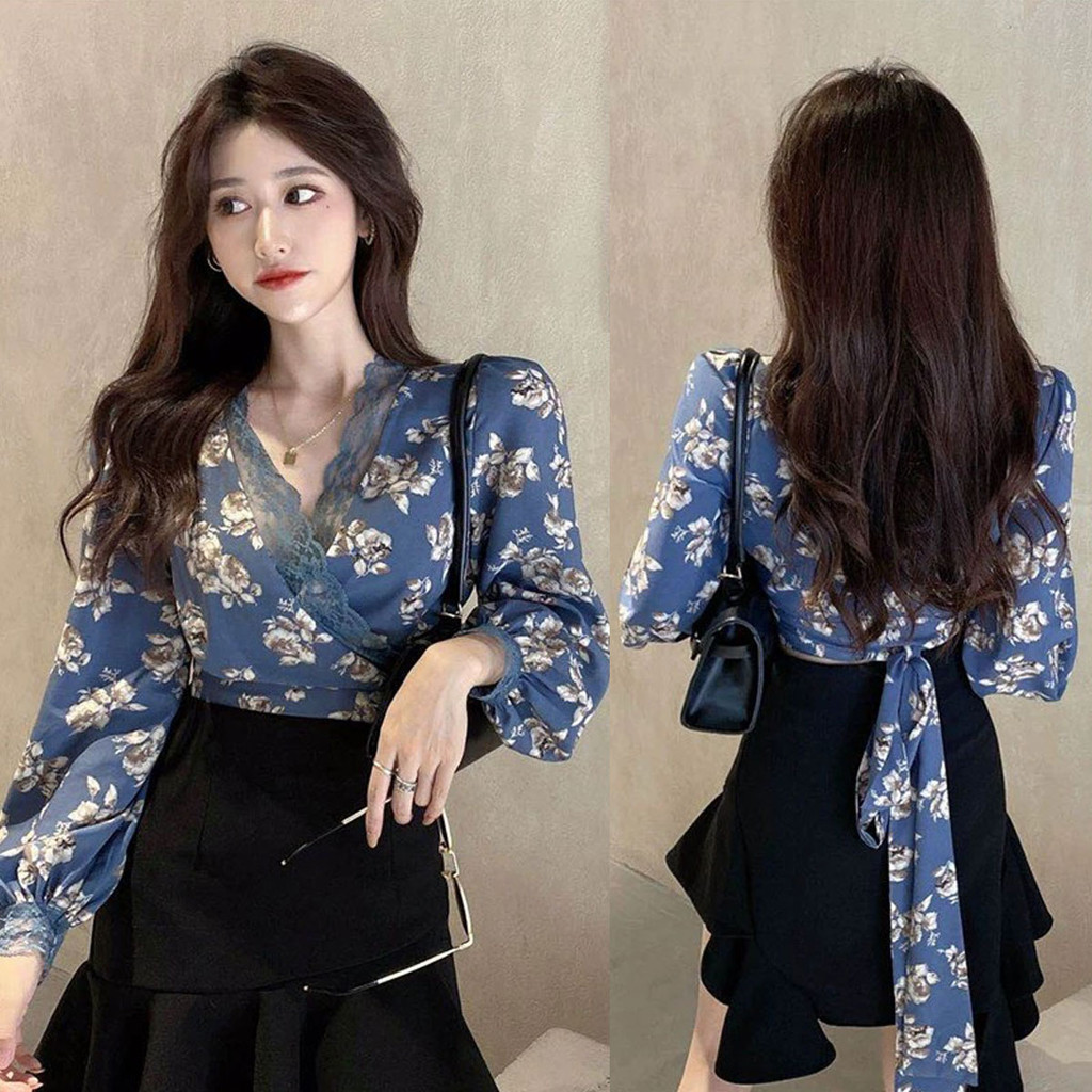 Dahong W380 เสื้อแขนยาว เสื้อครอปท็อป คอวี ผ้าชีฟอง ครอปแขนยาวทรงสวยลายดอกไม้ สไตล์เกาหลี สําหรับผู้หญิง