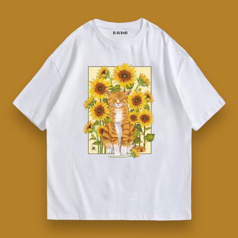 สินค้าใหม่ช่วงฤดูร้อนปี 2024เสื้อยืดสกรีนลายน้องแมวดอกทานตะวัน