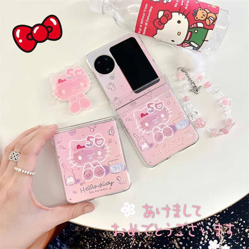 Lushuo เคสโทรศัพท์สําหรับ Samsung Galaxy Z Flip 6 5 4 3 OPPO ค้นหา N2 Flip N3 Flip Cute Kitty PC ฝาหลังพร้อมขายึดและสร้อยข้อมือสําหรับ Flip3 Flip4 Flip5 Flip6 N2Flip N3Flip