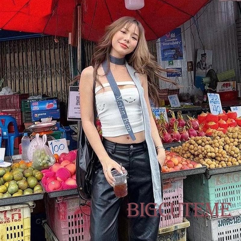 [ ]-เสื ้ อท ่ อสตรีบางคอเรือแขนกุดไม ่ มีสายหนังปิดไหล ่ เย ็ บปักถักร ้ อยแสดงเสื ้ อสะดือ