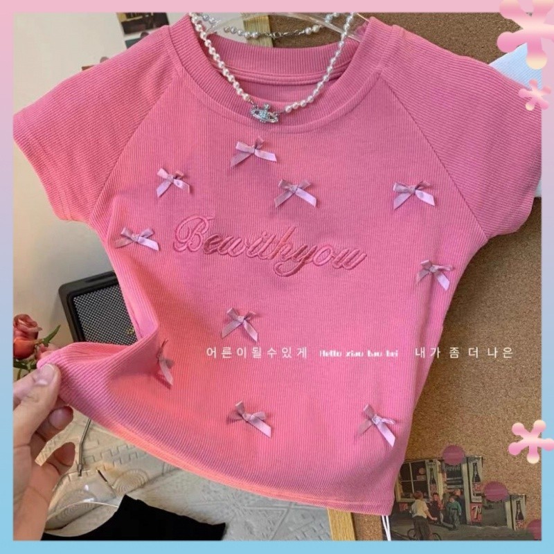 Girls2024New Sweet and Spicy Bow Short Sleeve Baby Fashionable Slim FitTT-shirt Fashionable Sweet Children's Shirt Summert