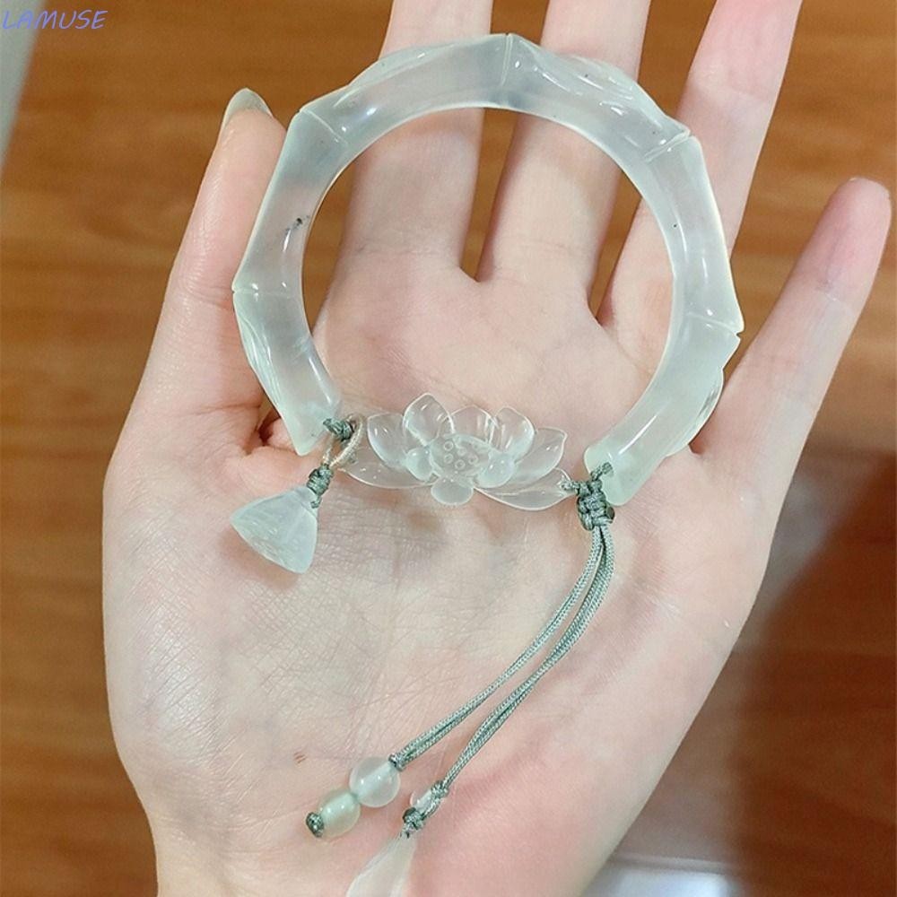 ลามูซ สร้อยข้อมือดอกบัวสร้อยข้อมือโบราณ สร้อยข้อมือแสงจันทร์สีขาวอินเทรนด์เครื่องประดับสไตล์จีน 58 มม.โปร่งใสสไตล์แห่งชาติจีนโบราณสร้อยข้อมือเครื