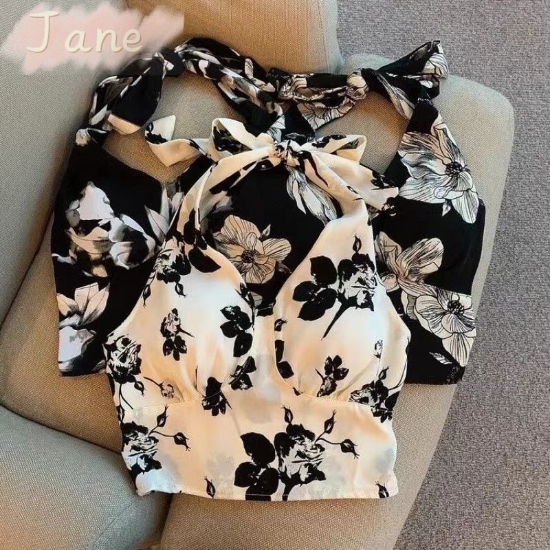 เสื้อชั้นในสตรีพิมพ์ลายดอกไม้ห้อยคอคอวีเซ็กซี่บางเฉียบเปลือยเชือกผูกเสื้อชั้นใน JN