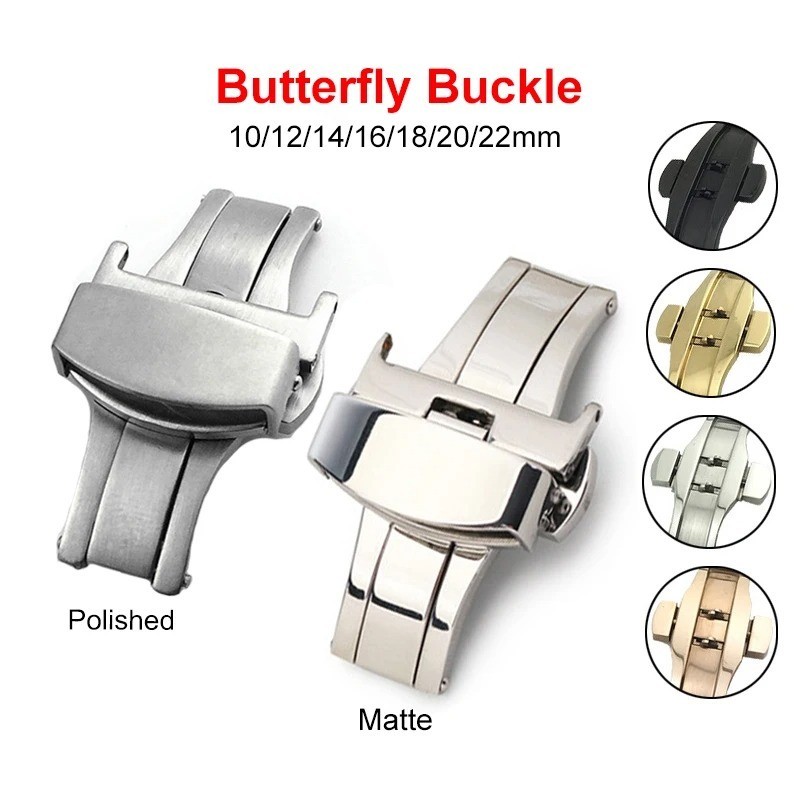 304 สแตนเลสสตีลผีเสื้อหัวเข็มขัดนาฬิกา Double Press Deployment พับ Clasp นาฬิกาอุปกรณ์เสริม 10 12 14 16 18 20 22 มม.