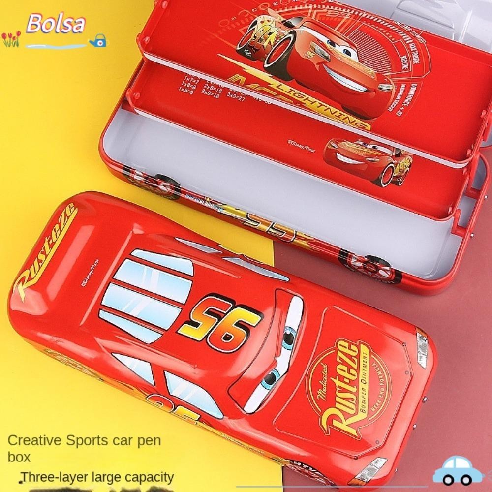 Bolsa กล่องเก็บของเหล็ก, รถจําลองกล่องดินสอการ์ตูนสร้างสรรค์, กระเป๋าดินสอห้องเรียน McQueen มีล้อ Pixar Car Pencilbox School Supply