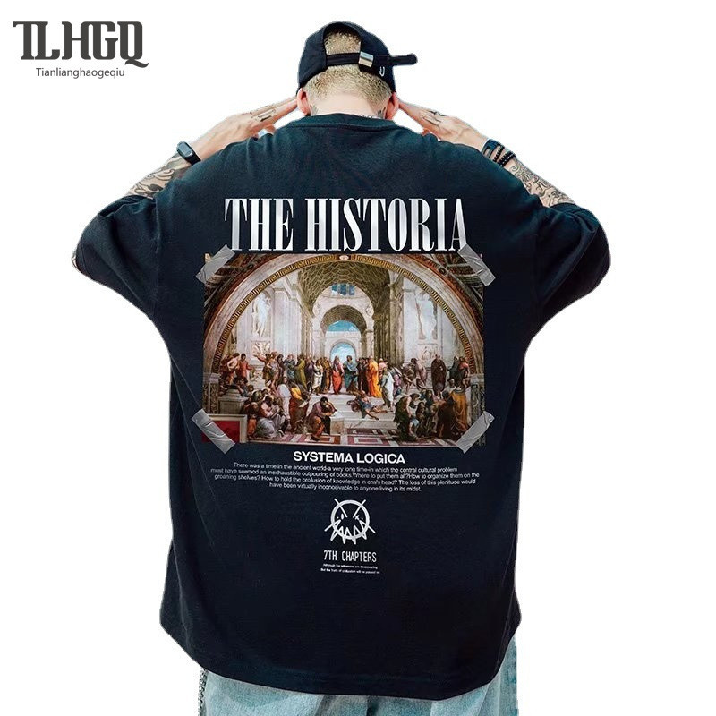 ยุโรปและอเมริกาแฟชั่นผู้ชายเสื้อยืดแขนสั้นหลวม Instagram คู่อ้วนครึ่งแขน