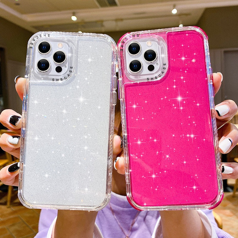 สําหรับ iPhone 16 15 14 13 12 11 Pro XS X XR Max Plus โปร่งใสนุ่มกรณีแฟชั่น Shining Glitter Dream 3 ใน 1 กรณี TPU ปลอกกันกระแทก