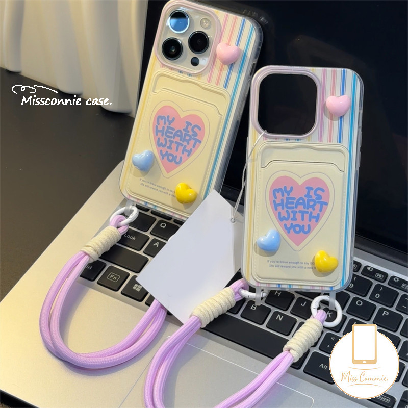 น่ารัก 3D Gradient Love Heartตุ๊กตาสําหรับIPhone 13 12 14 15 11 Pro Max XR 7Plus XS Max X 6s 15 6 8 7 Plus SE 2020 Creative Double Lanyardกระเป๋าสตางค์ช่องใส่การ์ดกรณี