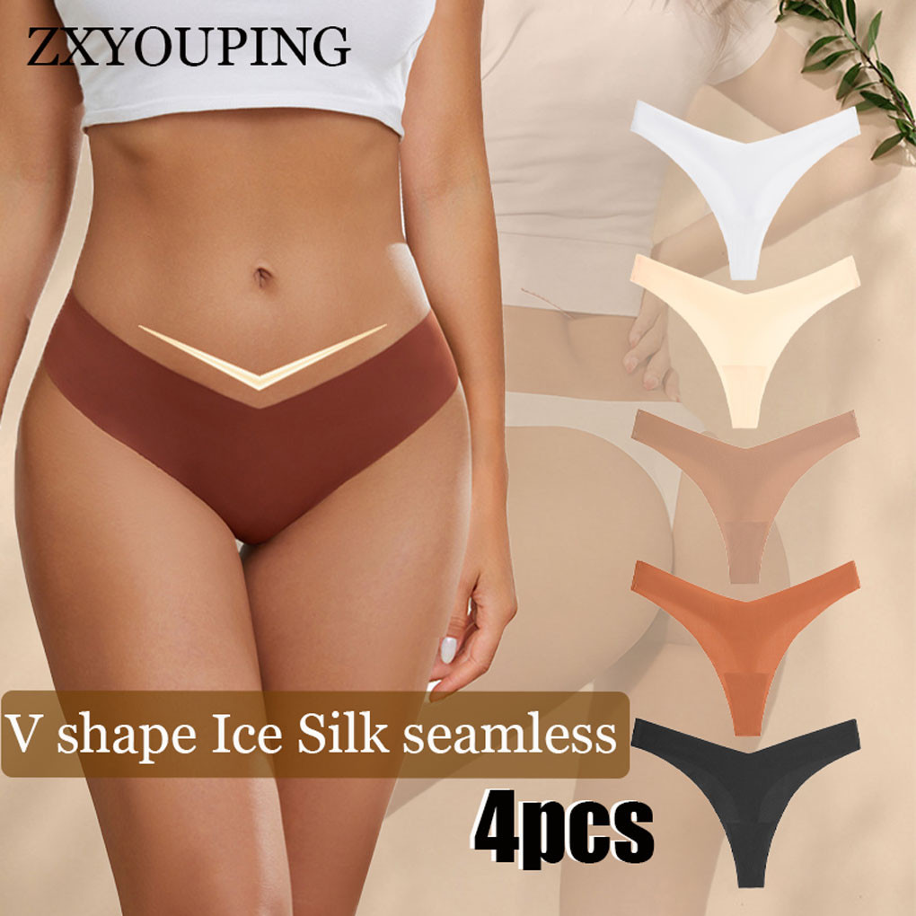 Zxyouping 4ชิ้นโวลต์รูปร่างเซ็กซี่กางเกงสําหรับผู้หญิงเพศชุดชั้นในผ้าไหมน้ําแข็งกางเกงไร้รอยต่อนุ่มสบายกีฬาทีกลับชุดเอวต่ําทองโยคะบิกินี่