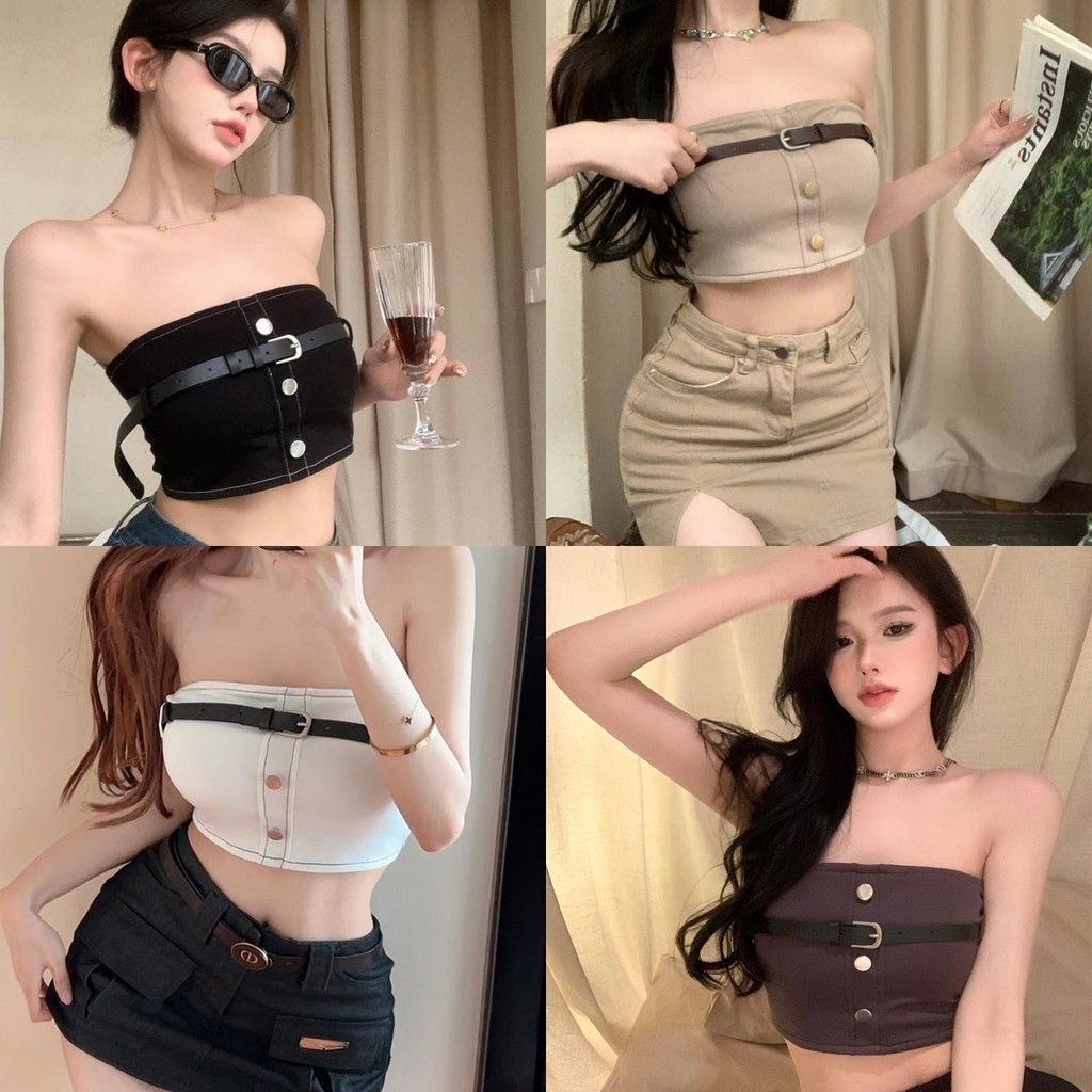 ✨Soroh✨เสื้อเกาะอก ปาดไหล่ มีฟองน้ำ พร้อมเข็มขัดตกแต่ง🎆เสื้อไปทะเล สไตล์Y2K🎇#FY4801