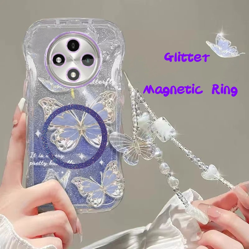 Dreamy ผีเสื้อ OPPO A3 Pro PJY110 นุ่มปลอกไฟฟ้าหรูหราไล่โทนสี Glitter แหวนแม่เหล็กเคสโทรศัพท์พร้อมขา