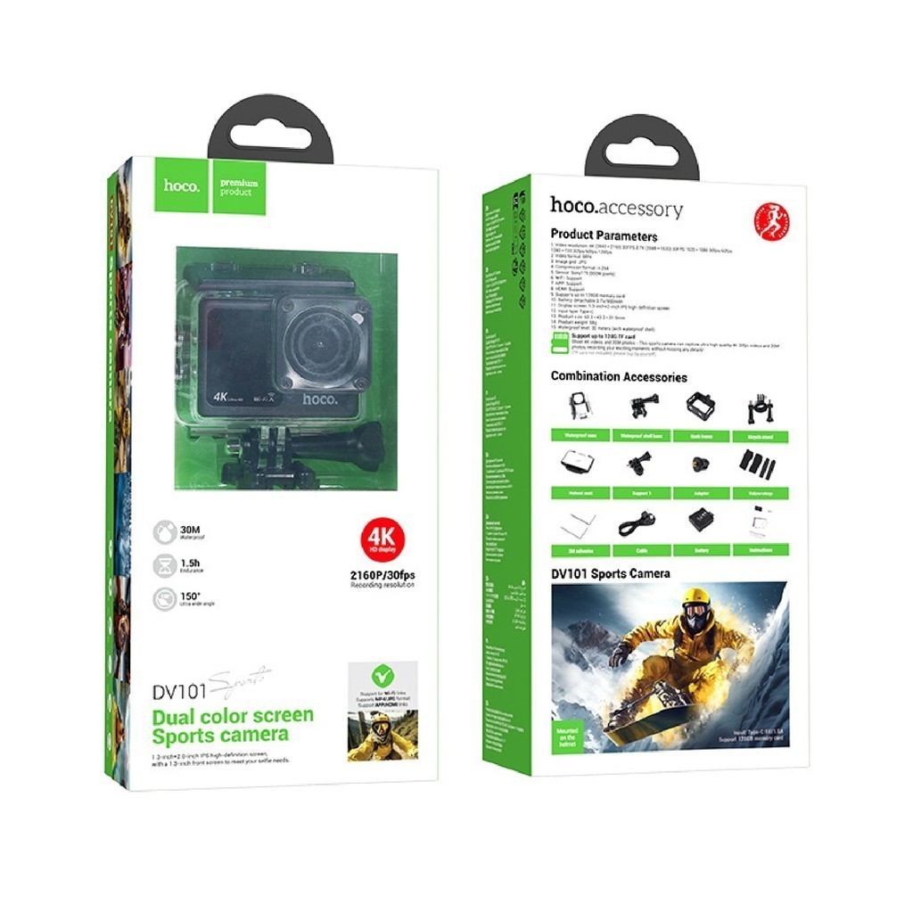 HOCO รุ่น DV101 กล้องแอคชั่น หน้าจอคู่ กล้องกันน้ำลึก 30M เลนส์ไวด์ 150 องศา 4K 2160P / 30fps