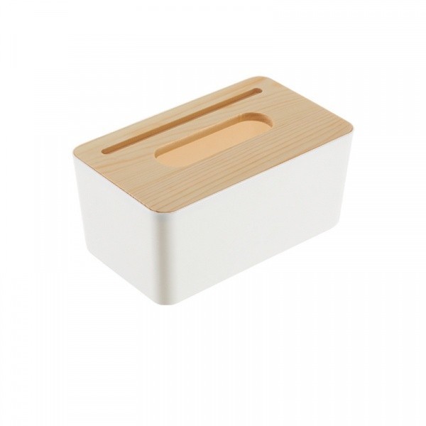 Deluxy Official Shop GOME กล่องทิชชู่พลาสติกเหลี่ยม ฝาไม้ ขนาด 13×21×9.5 ซม. รุ่น SX-006 สีขาว