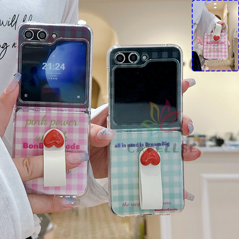 SAMSUNG น่ารักสีเขียวตาข่ายสีชมพูปลอกsamsung Galaxy Z Flip 6 Z Flip 5 Z Flip 4 Z Flip 3 5Gพร้อมหัวใจ