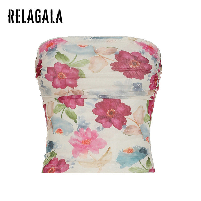 RELAGALA ผู้หญิง 2025 Girly pastoral ด้านบนพิมพ์ตาข่ายดอกไม้