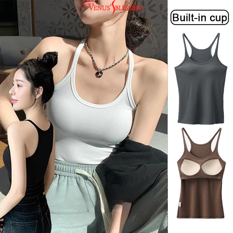 2 IN1 BRA-Top คุณภาพสูงสาวร้อน I-line Vest พร้อมสายคล้องไหล่บางผู้หญิงพร้อมแผ่นรองหน้าอกความงามกลับด้านบน