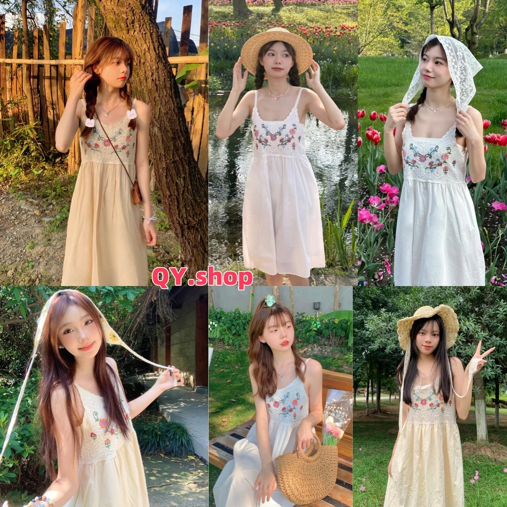 QY.Shop⭐️สินค้าราคาพิเศษ⭐️ ชุดเดรสถักไหมพรม น่ารักคาวาอี้ สายเดี่ยวกระโปรงยาวสไตล์โบฮีเมี่ยน "CX00767"