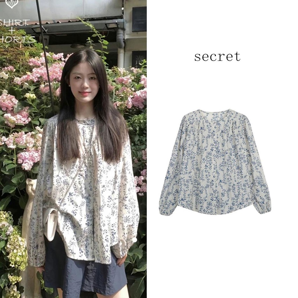 Cuites เสื้อเบลาส์ผู้หญิง ลายดอกไม้ เสื้อเชิ้ตแขนยาวสไตล์โบโฮ สไตล์เกาหลี  มีกระดุมหน้า  W280 Clothing ผู้หญิง
