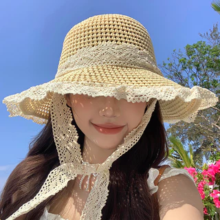 หมวกฟางเชือกถัก แต่งลูกไม้ กันลม สไตล์ เกาหลี เหมาะกับเดินชายหาด แฟชั่นฤดูร้อน สำหรับผู้หญิง