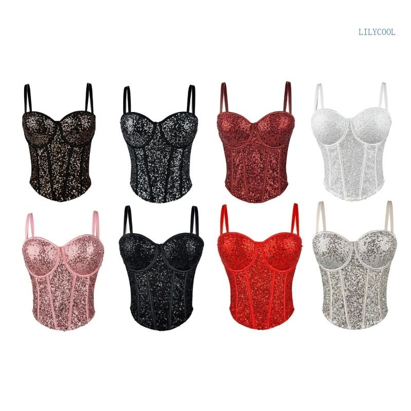 Women Adjustable Strap Sequins Sheer Mesh Bustier  Party Fishbone Corset Vest