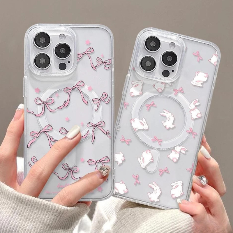 กรณีสําหรับ Galaxy S25 S24 S22 S23 Ultra Plus S21 S24 S23 FE สีชมพูโบว์กระต่ายแมวสีขาวแม่เหล็กอะคริลิคชาร์จไร้สาย Hard TPU กันกระแทก