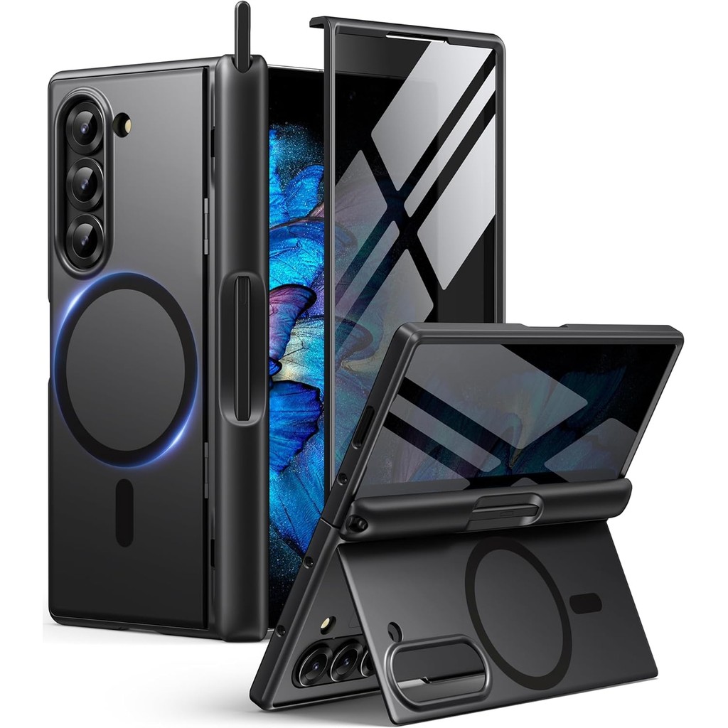 Berfy Magnetic สําหรับ Samsung Galaxy Z Fold 6 Case พร้อมตัวป้องกันหน้าจอความเป็นส่วนตัว[Anti Spy]ที่วางปากกาและขาตั้งในตัว,เคสโทรศัพท์กันกระแทกแบบเต็มตัวสําหรับ Z Fold 6,สีดํา