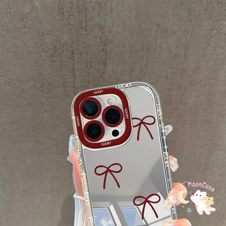 สีแดง โบว์ เคสไอโฟน12 สำหรับ IPhone 15 11 14 12 13 16 Pro Max XR X XS 8Plus 7Plus Max 13 7 8 Plus SE พื้นผิวกระจก