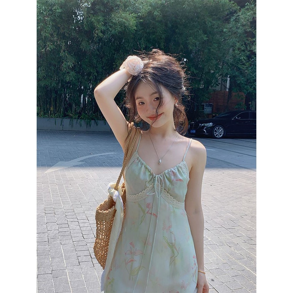 🌙ชุดเดรส,🌙ชุดเชือกแขวนคอฤดูร้อนใหม่ประกบฝรั่งเศสแม็กซี่กระโปรงปลา