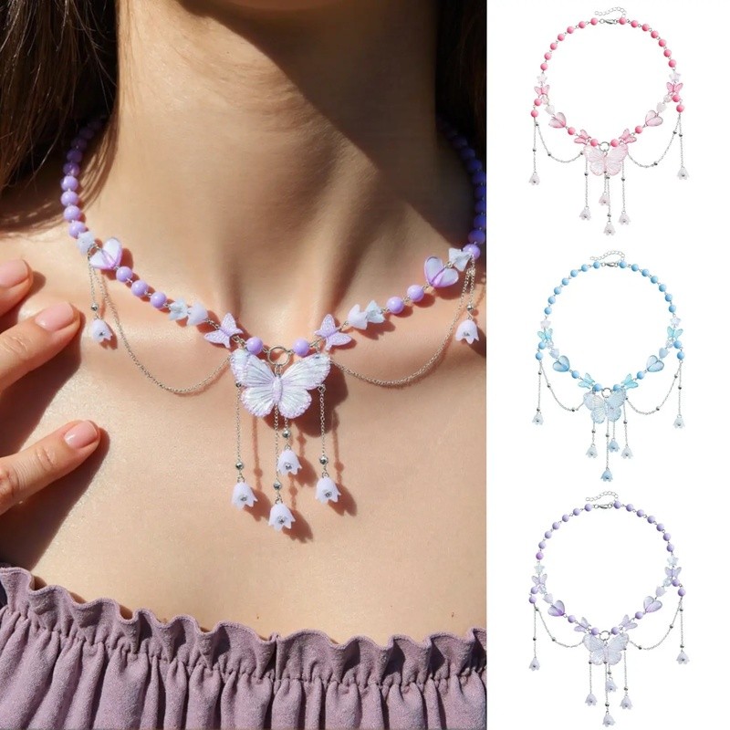[Bo Ye] สร้อยคอเครื่องประดับสตรีสาวร้อนลูกปัดหัวใจเลียนแบบมุกผีเสื้อเค้นคอ Niche y2k พู่สร้อยคอ