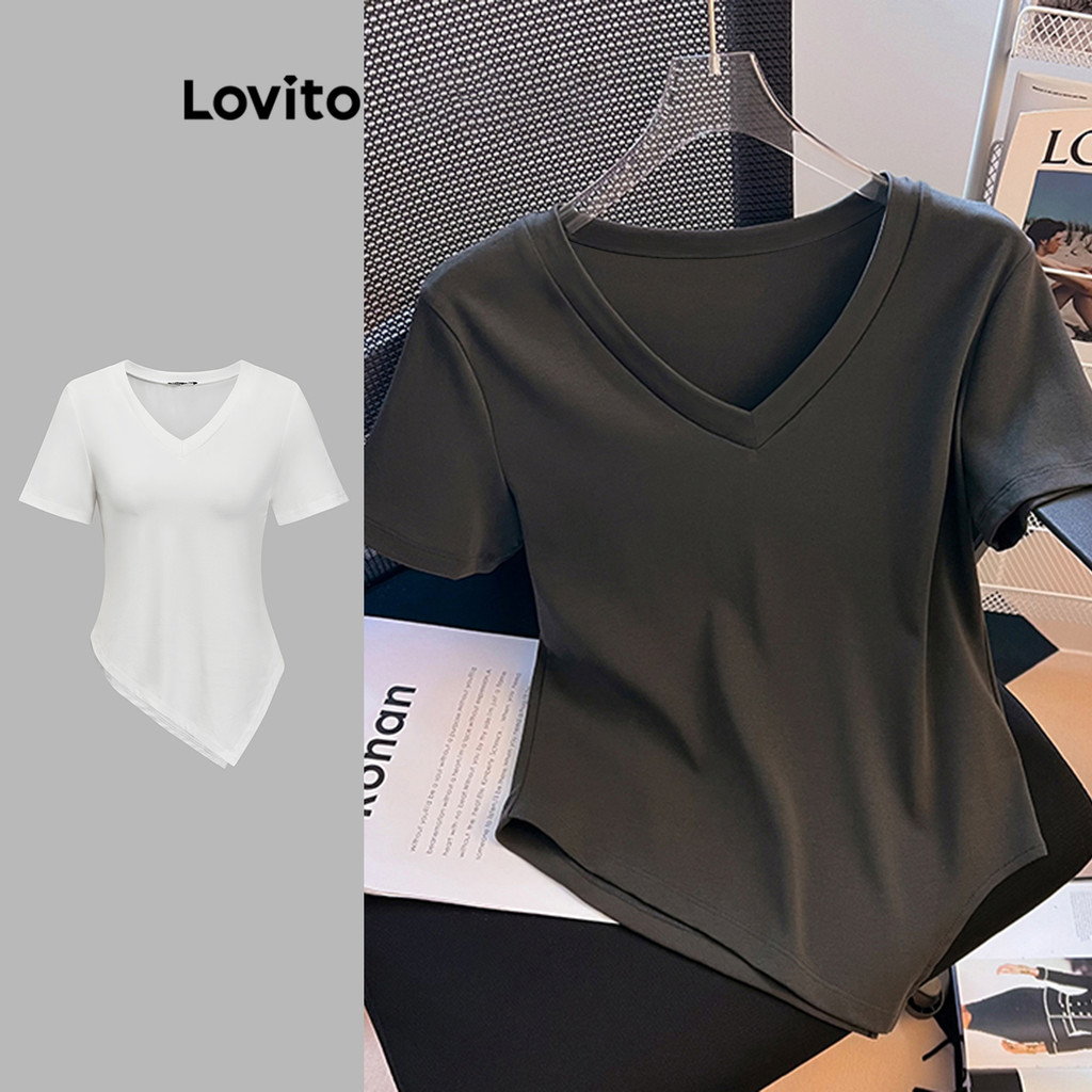 Lovito เสื้อยืดลําลองเสื้อยืดอสมมาตรธรรมดาสําหรับผู้หญิง LNA27003 (หลากสี) - รูปที่ 5