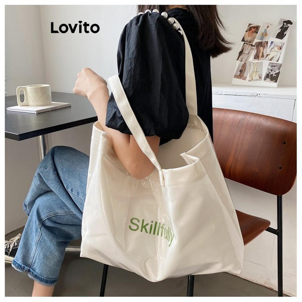 Lovito กระเป๋าสะพายไหล่กระเป๋าใสความจุขนาดใหญ่เรียบง่ายหรูหราธรรมดาสําหรับผู้หญิง LFA62522