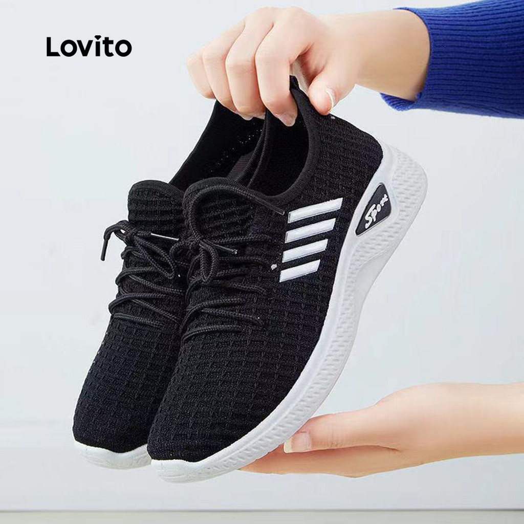 Lovito ลําลองธรรมดาบินทอรองเท้าอเนกประสงค์พื้นผิวตาข่ายระบายอากาศด้านล่างนุ่มรองเท้าผ้าใบแสงสําหรับผู้หญิง  LFA65228