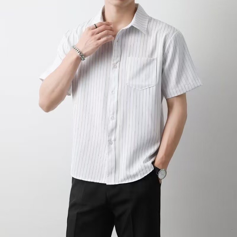 ProMan เสื้อเชิ้ตลายทางสำหรับผู้ชาย  คอปกแบบคลาสสิก  เรียบง่าย  ระบายอากาศได้ดี  เสื้อเย็บกระเป๋า