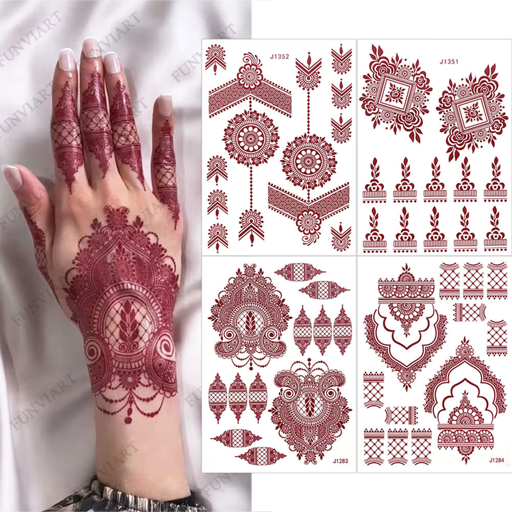 สติ๊กเกอร์รอยสัก Maroon White Henna สําหรับมือสีน้ําตาล Henna รอยสักทันทีสําหรับผู้หญิง Body Art รอย