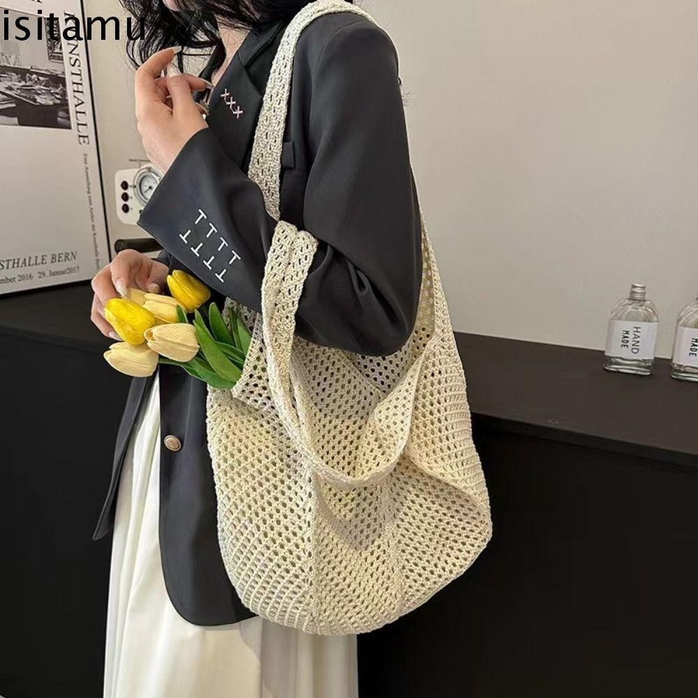 Isitaft โครเชต์ตาข่าย Tote, Hollow Out Soft ผู้หญิงถักไหล่กระเป๋า, Bohemian อเนกประสงค์สีทึบขนาดใหญ่ความจุกระเป๋าช้อปปิ้งเรียบง่ายชายหาด