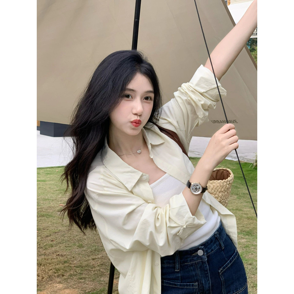 💛 เสื้อเชิ้ตแขนยาวคอปกผู้หญิงสีทึบเรียบง่าย 💛HHB008 เชิ้ต oversize เสื้อทํางานแฟชั่นสไตล์เกาหลีลำลอง