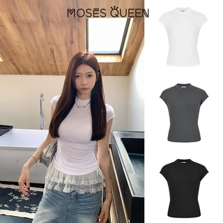 MOSESQUEEN สหรัฐอเมริกาโบราณครึ่งคอสูงเสื้อยืดแขนเล็กๆในฤดูใบไม้ผลิเสื้อยืดใหม่ที่มีเสื้อสั้นสาวฮอต# 62872