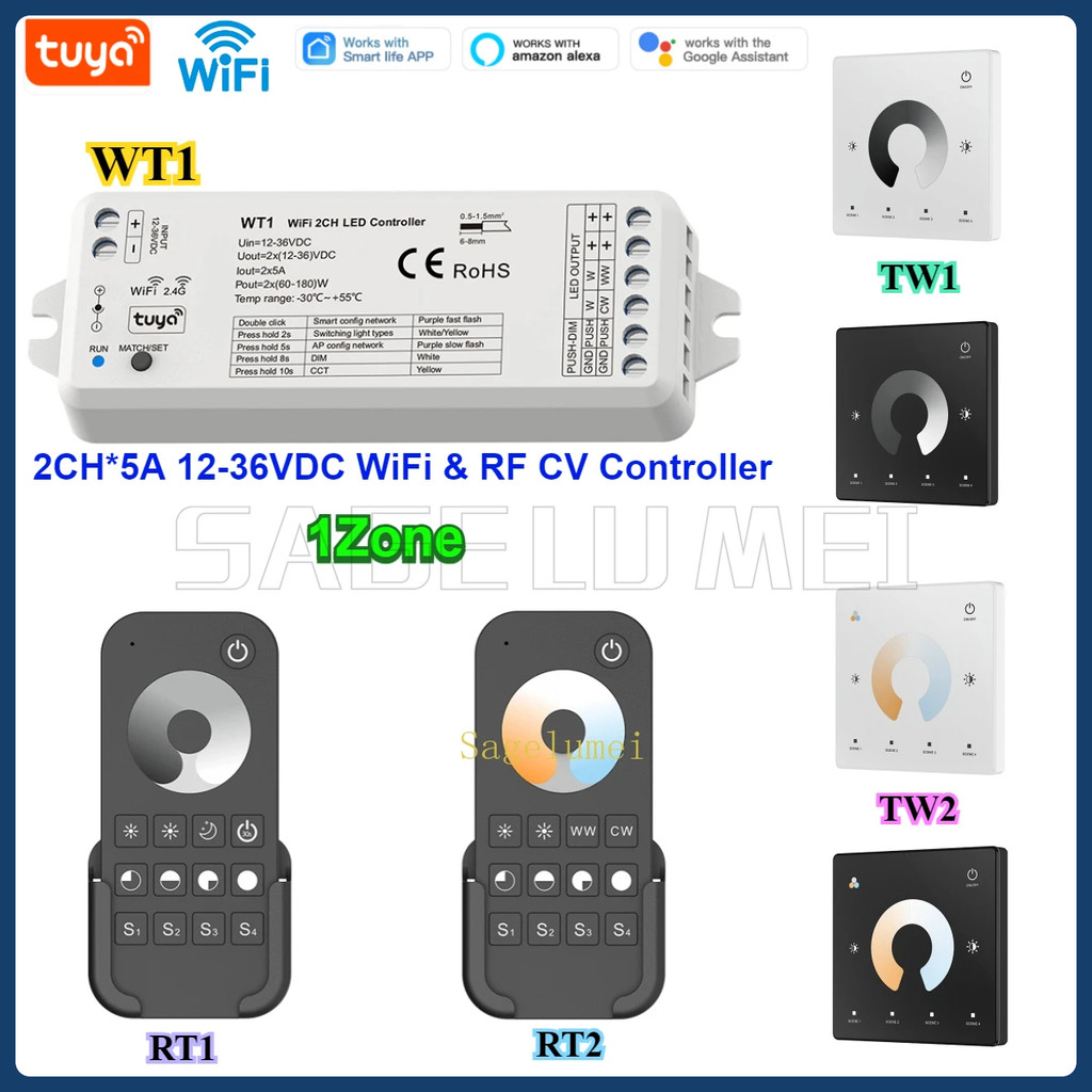 Wt1 LED Controller RT1/2 TW1/2 Tuya WiFi LED Dimmer 12V 24V 36V DC 2CH สมาร์ท 2.4G RF รีโมทคอนโทรลไร้สาย Dimming สวิทช์ WW CW CCT