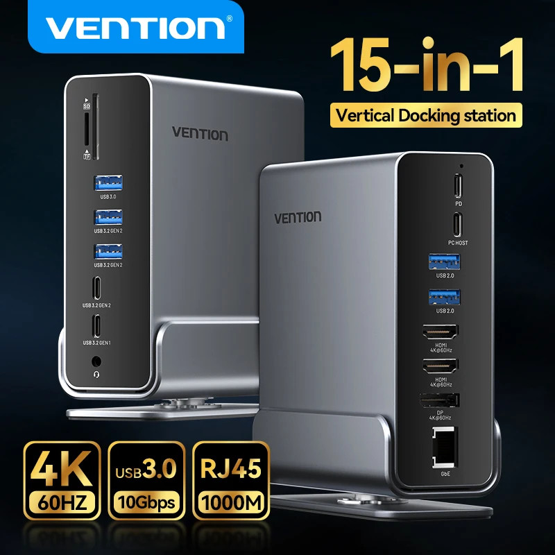 Vention 15 in 1 Gen2 USB C HUB Dual 4K@60Hz รองรับ HDMI DP USB 3.0 พร้อม Power Adapter Docking Stati