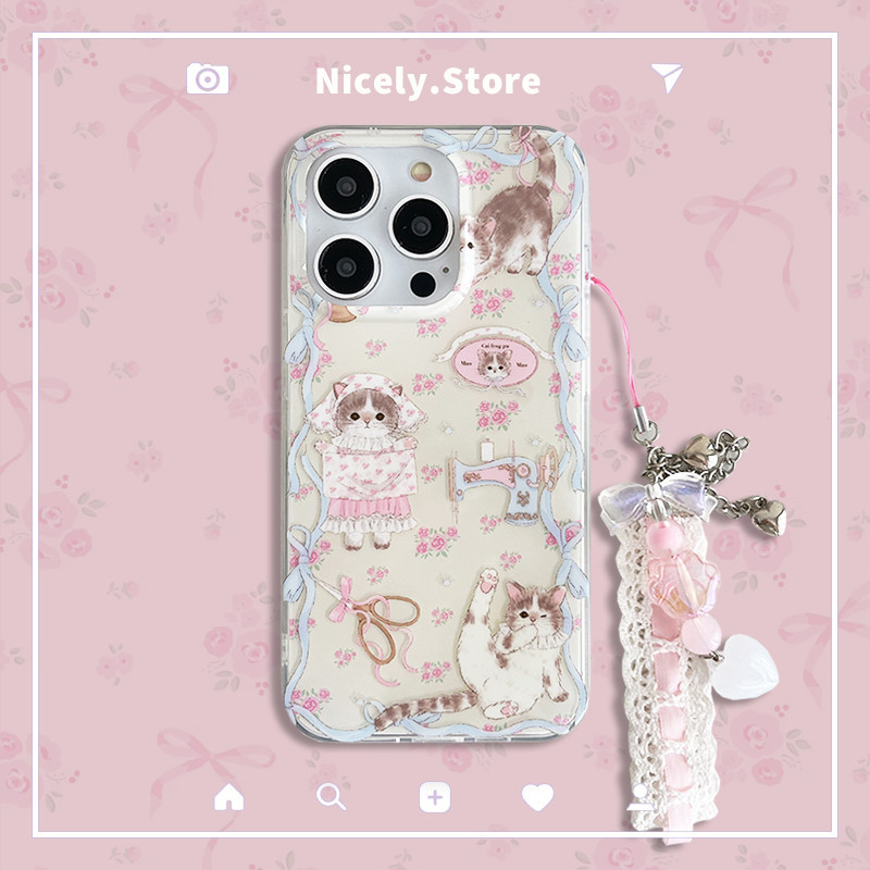 น่ารักดอกไม้แมวดอกไม้ Bowknot จี้เคสโทรศัพท์สําหรับ iPhone 17 16 15 14 13 12 Pro Max 11 15Promax กันกระแทก IMD Anti-scratch ฝาหลังปลอก