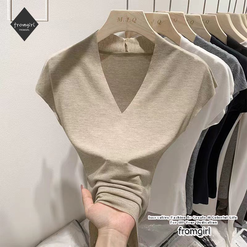 เสื้อยืดแขนสั้น คอวี แบบเข้ารูป ระดับไฮเอนด์ แบบเรียบง่าย สไตล์เกาหลี สําหรับผู้หญิง