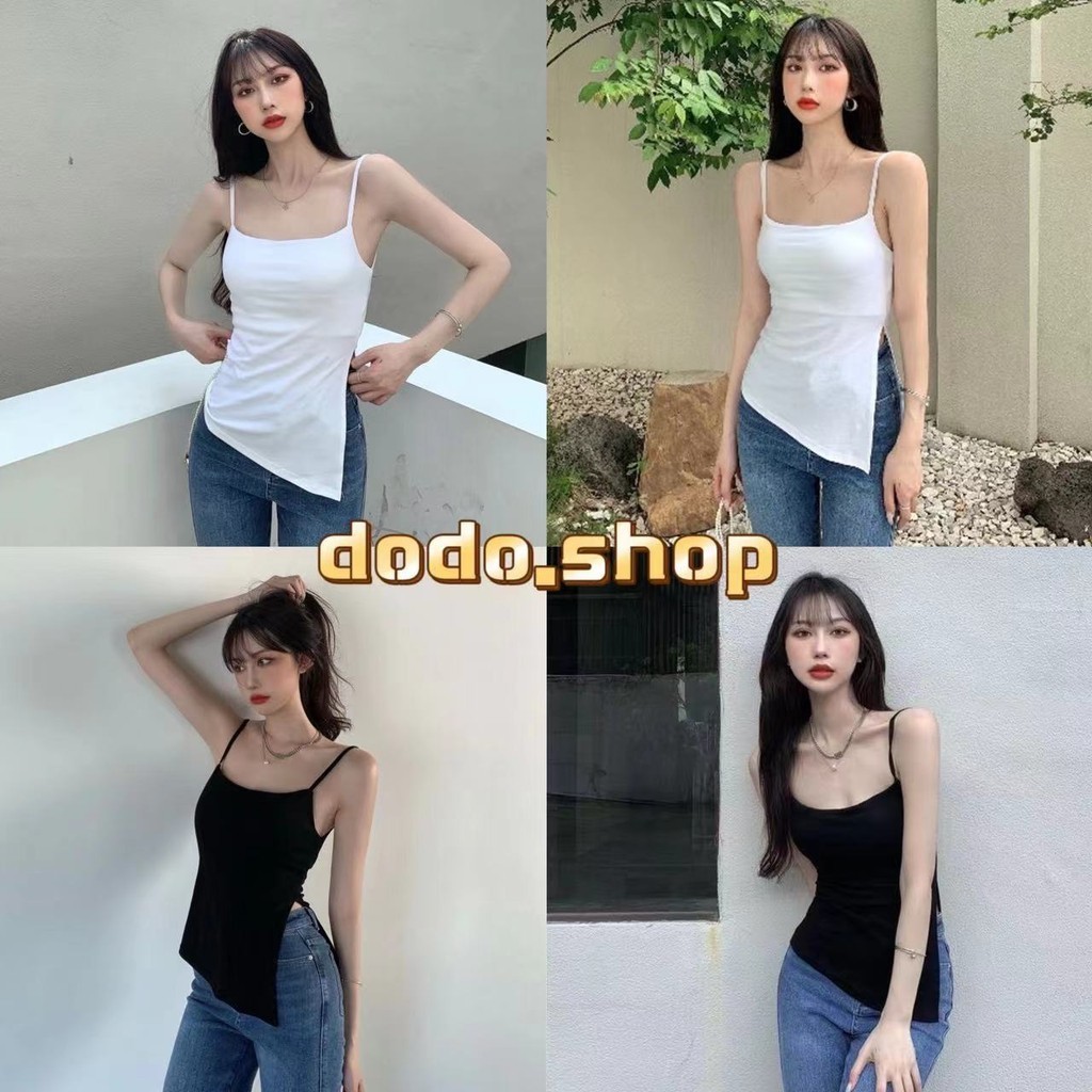 DoDo สินค้าพร้อมส่ง เสื้อครอปสายเดี่ยวไหมพรมถัก อกเว้า ชายเสื้อเฉียง ผ้านิ่มใส่สบาย เซ็กซี่ (11059)