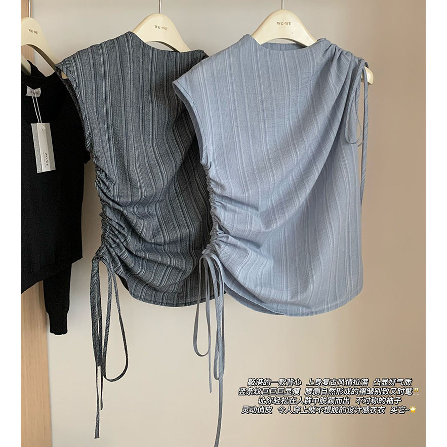 ฝรั่งเศสสีฟ้าลาย เชือกรูด ลูกไม้-ขึ้น เสื้อผู้หญิง2024ฤดูร้อนสไตล์ใหม่การออกแบบแฟชั่นหวานเย็นเวอร์ชั่นเกาหลีด้านบน GYJV