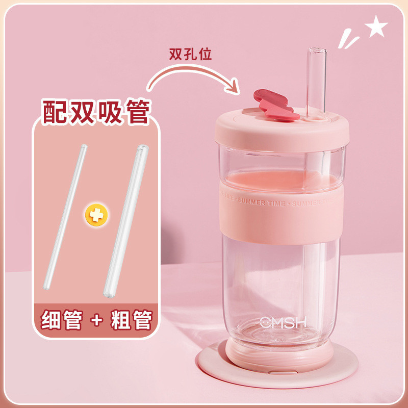 【LUCKY】ถ ้ วยแก ้ วพร ้ อมฝาปิดถ ้ วยน ้ ําฟางทนอุณหภูมิสูงถ ้ วยชานมไข ่ มุกฟางหนาสามารถดูดถ ้ วยเครื ่ องดื ่ มมุก