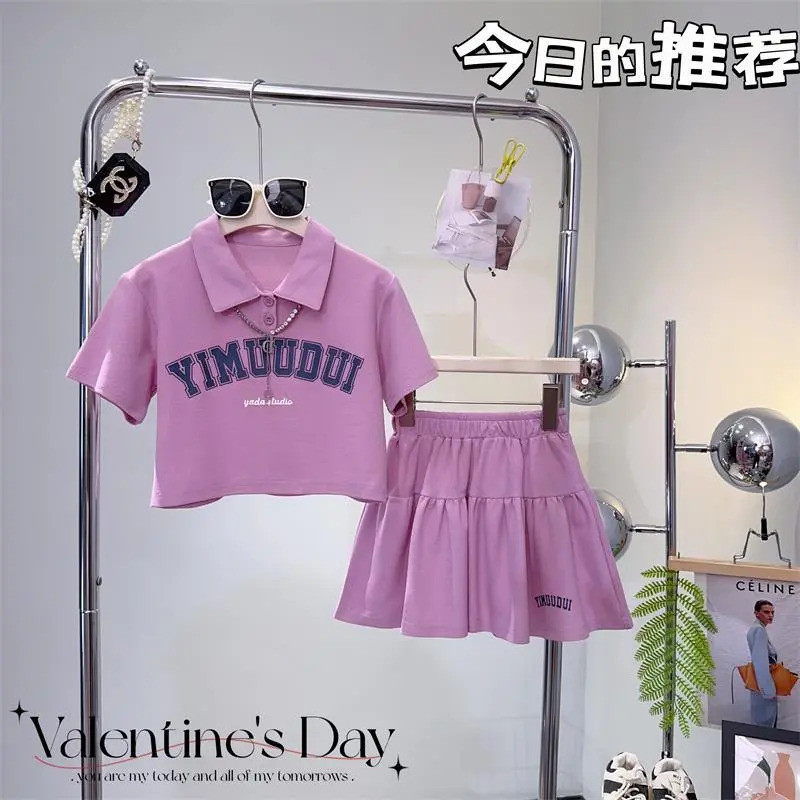 【สปอต】 3-14 ปี สาวชุดเด็กแขนสั้นสูทแฟชั่นเกาหลีโปโลสองชิ้นสำหรับสาวหลวมเกาหลีหลวมเทรนด์ร้อยชุดกระโปรง