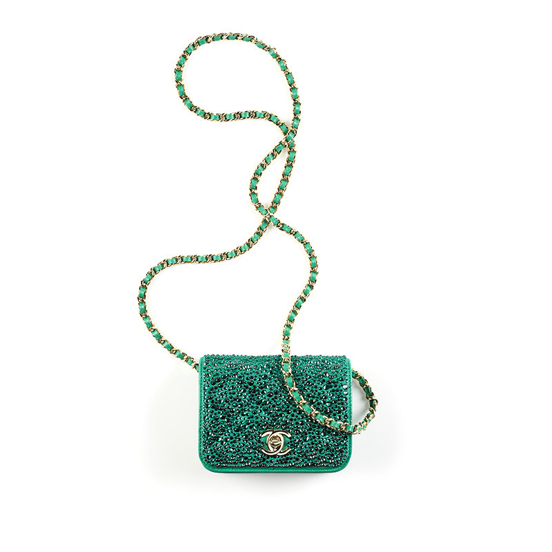 Chanel/Chanel Women's Bag CLUTCH CON CATENA Green Sheepskin Exquisite Diamond Set Gorgeous Chain Handbag