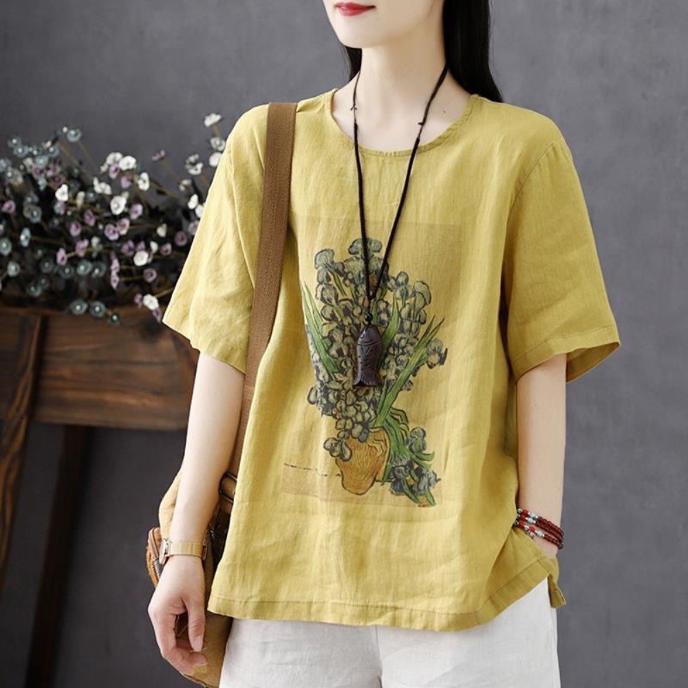 ผ้าฝ้ายลินินเสื้อยืดผู้หญิงเสื้อยืดแขนสั้น 2024 ฤดูร้อนสไตล์ใหม่ผู้หญิงด้านบนหลวมเรียบง่ายทุกการแข่งขันย้อนยุคพิมพ์เสื้อยืดผู้หญิงขนาดใหญ่อินเทรนด